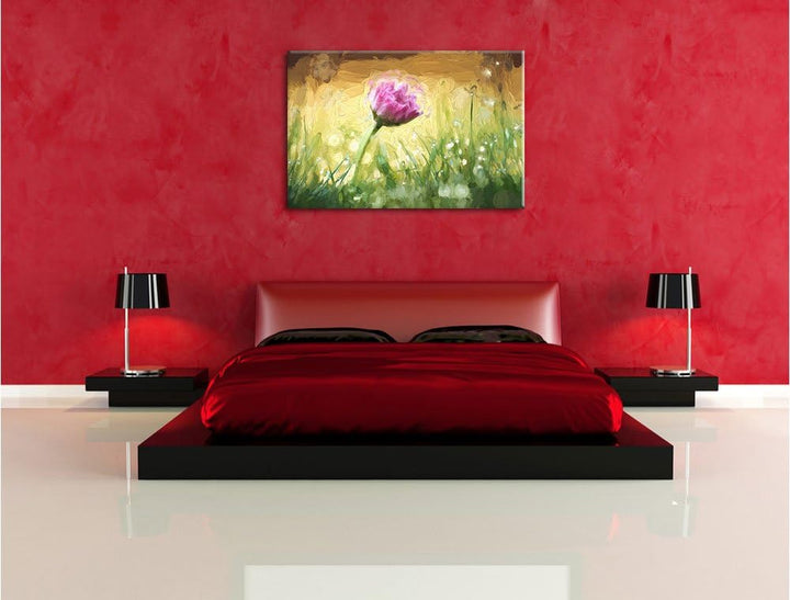 Pixxprint rosa Gänseblümchen im Gras Kunst Pinsel Effekt, Format: 100x70 auf Leinwand, 100x70