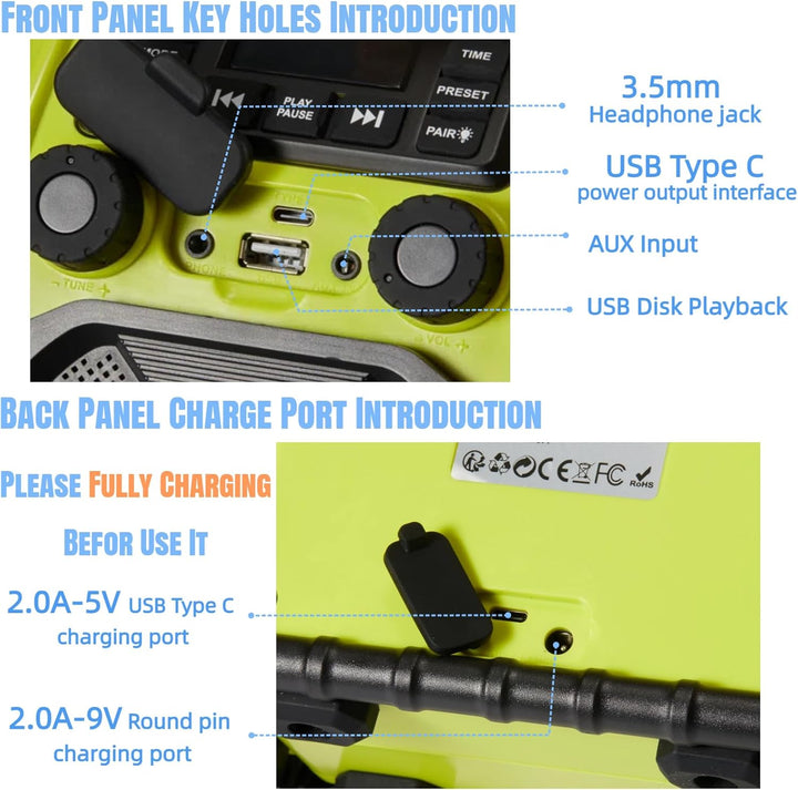 Bingxue FM-Radio-Empfänger, USB-Bluetooth-Lautsprecher mit Uhr-Alarm/LED-Lichtern, tragbar, Antikoll