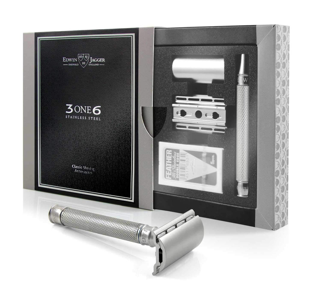 Edwin Jagger 3ONE6 DE Rasierhobel Edelstahl geriffelt, 1 Packung Rasierklingen (Edelstahl)