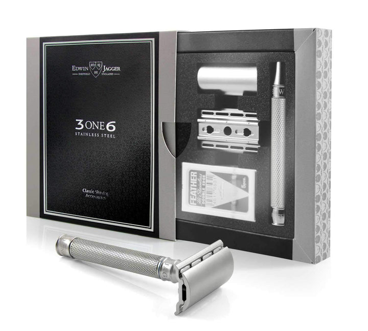 Edwin Jagger 3ONE6 DE Rasierhobel Edelstahl geriffelt, 1 Packung Rasierklingen (Edelstahl)