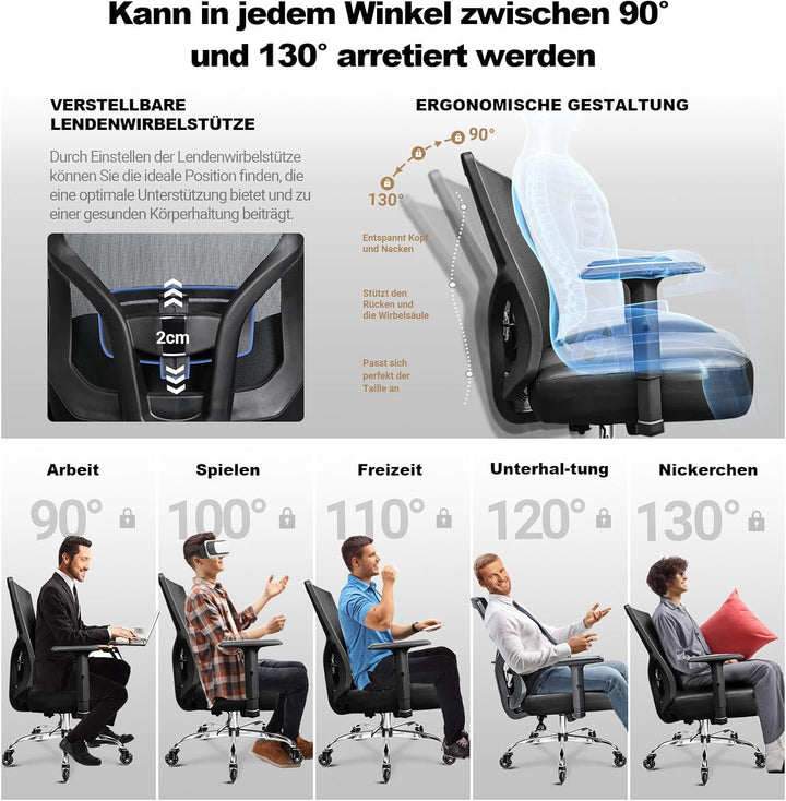 MELOKEA Bürostuhl 200KG XXL [Lendenkissen Inklusive], Schreibtischstuhl | Extrabreites &amp; Extradickes