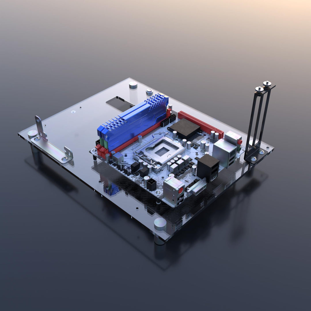Individualisierbares Open Frame-PC-Gehäuse aus Acryl für ITX Motherboards - Gaming- und Testbank-Rac