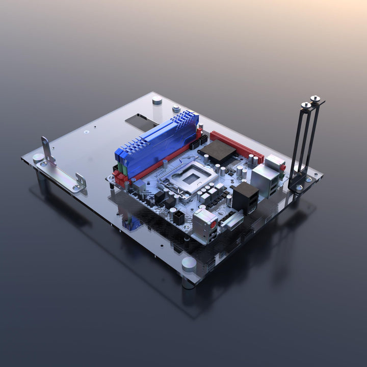 Individualisierbares Open Frame-PC-Gehäuse aus Acryl für ITX Motherboards - Gaming- und Testbank-Rac