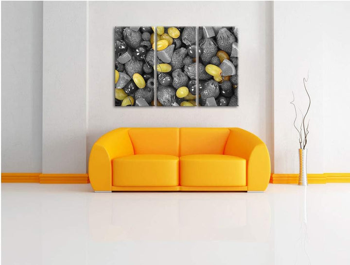 Bunter Obstmix mit Weintrauben schwarz/weiss 3-Teiler Leinwandbild 120x80 Bild auf Leinwand, XXL rie