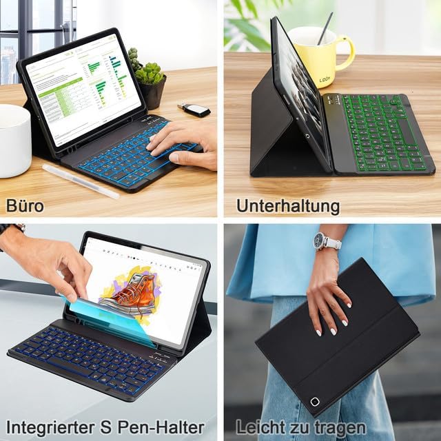 SOPPY Samsung Galaxy Tab S6 Lite Hülle mit Tastatur, Kabellose 7-Farbige Beleuchtung Tastatur Hülle