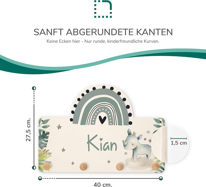 KIDSMOOD Personalisierte Wand-Garderobe mit Wunschnamen, Kleiderhaken aus Holz mit süssem Tier-Motiv