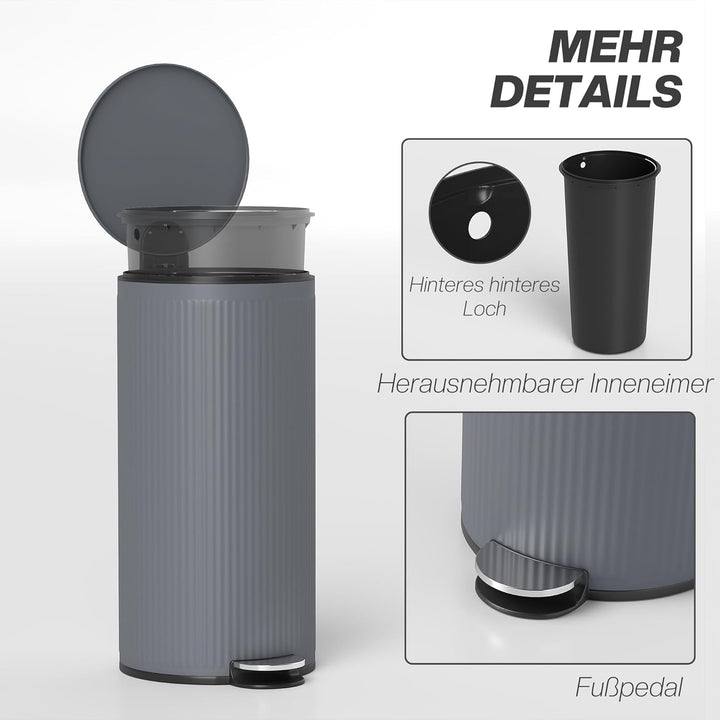 HOMCOM Mülleimer 30 L Treteimer mit Softclose-Deckel und Pedal, Abfallsammler mit abnehmbarem Innene