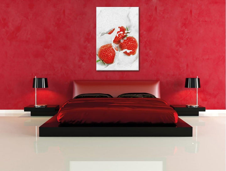 Pixxprint leckere Erdbeeren Schwimmen in Milch als Leinwandbild/Grösse: 120x80 cm/Wandbild/Kunstdruc