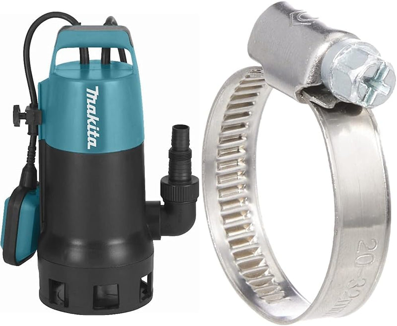 Makita PF1010 Tauchpumpe Klar-/Schmutzwasser 14.400 l/h, 6 x 210 mm & Cornat Schlauchschelle - Ø 20-