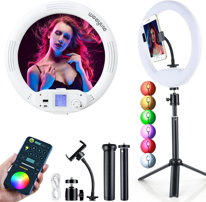 weeylite 10,5 Zoll RGB LED Ringlicht mit Stativ & Handyhalter für Laptop Computer,APP-Steuerung/Akku