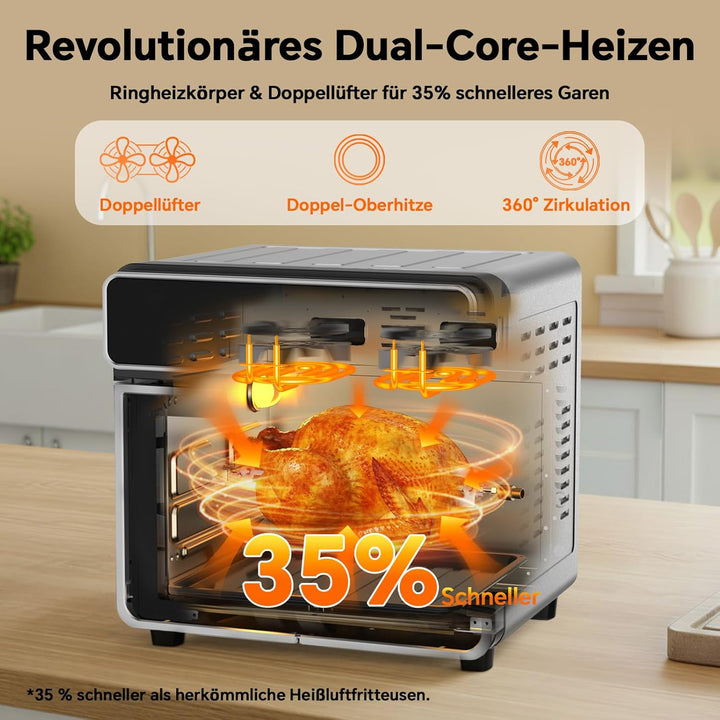 Emphsism Heissluftfritteuse XXL 23L - Mini Backofen Variable Flex-Zone, French Door Airfryer 2 Kamme