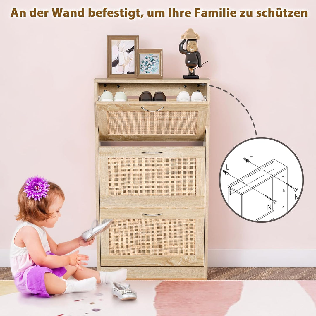 GRAVFORCE Schuhschrank 3 Klappen, Eingangsbereich, Rattan schmaler Schuhschrank Flip Down Schuhregal