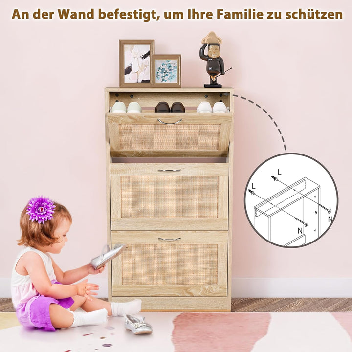 GRAVFORCE Schuhschrank 3 Klappen, Eingangsbereich, Rattan schmaler Schuhschrank Flip Down Schuhregal