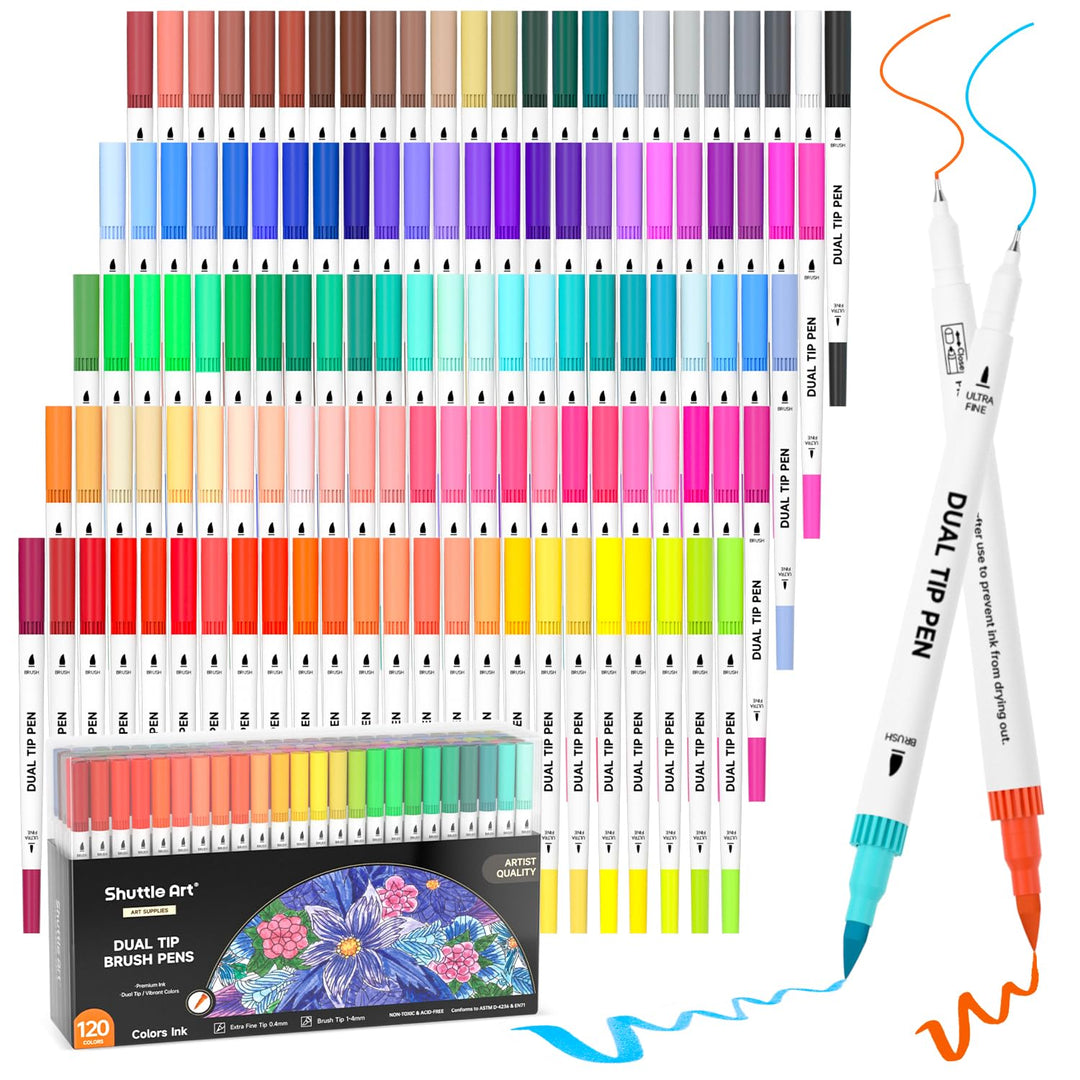 Shuttle Art Dual Brush Pen Set, 120 bunte Filzstifte doppelköpfige Pinselstifte mit weicher Spitze,