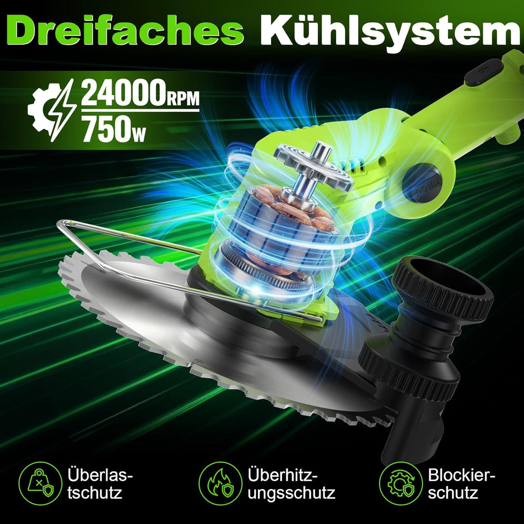 Rasentrimmer Akku 21V mit 2 Akkus und Ladegerät, Freischneider Akku 24000U/min mit LCD-Anzeige, Akku