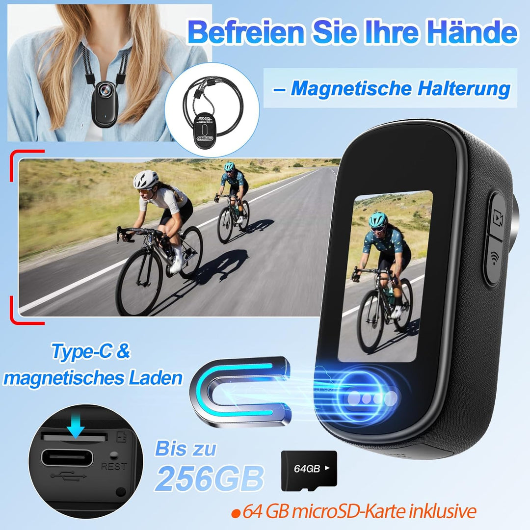 Mini Action Cam WiFi mit Bildschirm, 4K UHD & 150° Weitwinkel IP65 wasserdichte Bodycam 4K 64GB, Tra