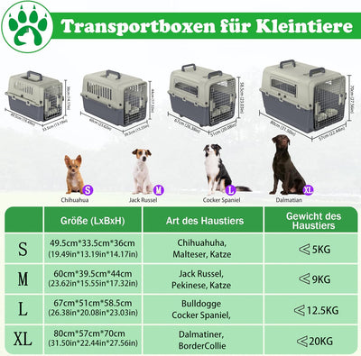 SUBTLETY Transportbox für Hunde & Katzen 60x39x44cm Kunststoff Flugzeugbox mit Handgriff, Futternapf