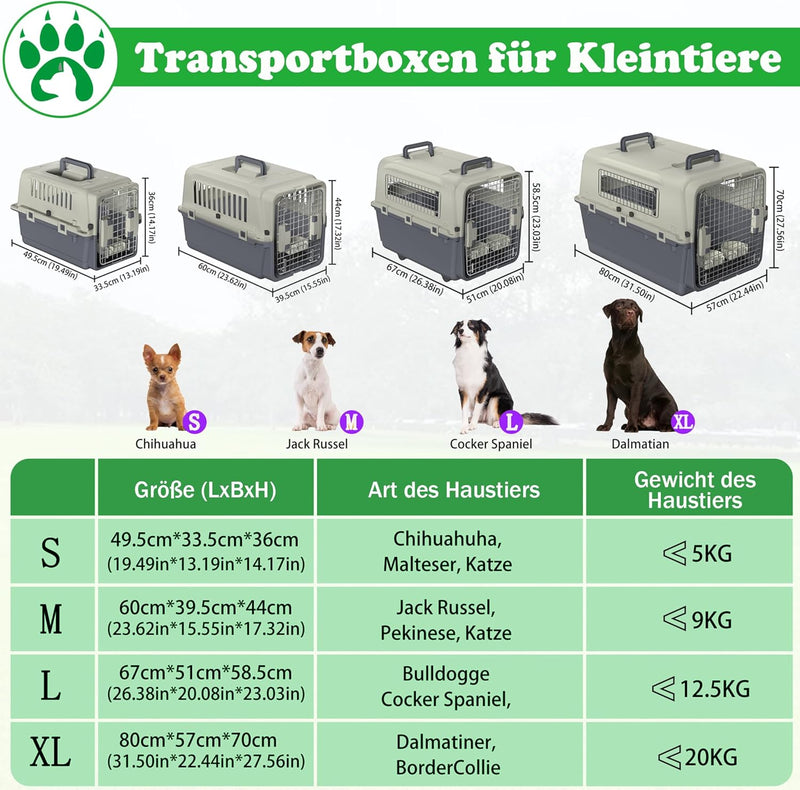 SUBTLETY Transportbox für Hunde & Katzen 60x39x44cm Kunststoff Flugzeugbox mit Handgriff, Futternapf