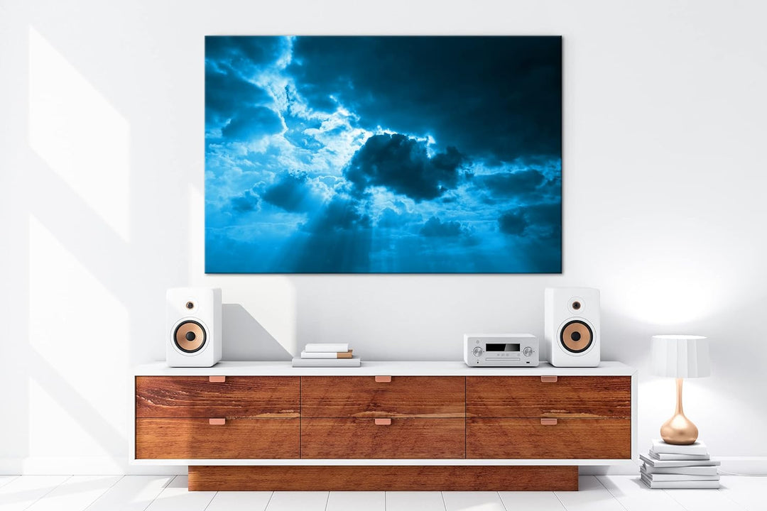 deyoli strahlende Wolken Format 80x60 Effekt: Monocrome Blau als Leinwandbild, Motiv fertig gerahmt