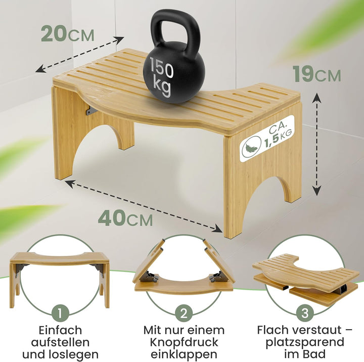 Klappbarer Toilettenhocker aus Bambus - Rutschfester WC Hocker für Erwachsene - Ergonomischer Klohoc
