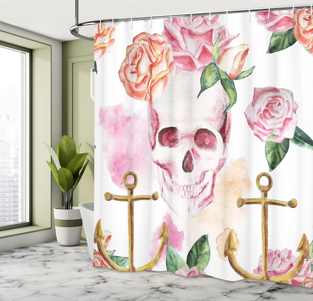 ABAKUHAUS Schädel Duschvorhang, Anchor Rosen Pfingstrose Kunst, Stoffliches Gewebe Badezimmerdekorat