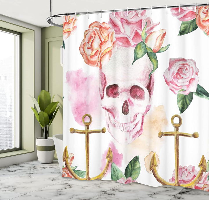 ABAKUHAUS Schädel Duschvorhang, Anchor Rosen Pfingstrose Kunst, Stoffliches Gewebe Badezimmerdekorat