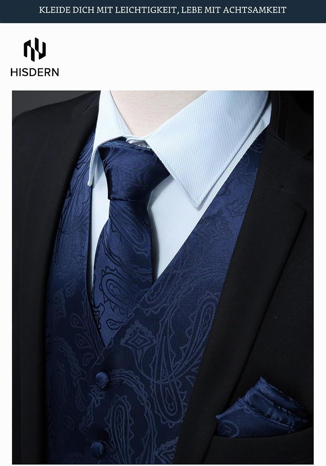 HISDERN Herren FLoral Hochzeit Weste Krawatte Einstecktuch Taschentuch Jacquard Weste Anzug Set XXL