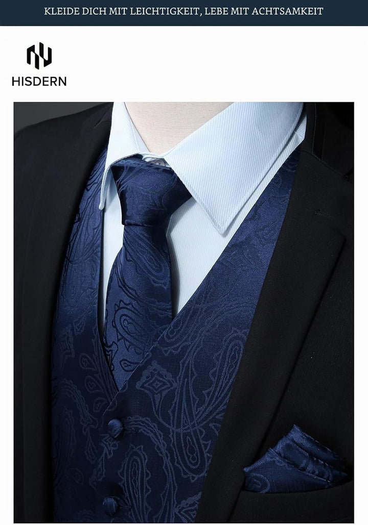HISDERN Herren FLoral Hochzeit Weste Krawatte Einstecktuch Taschentuch Jacquard Weste Anzug Set XXL