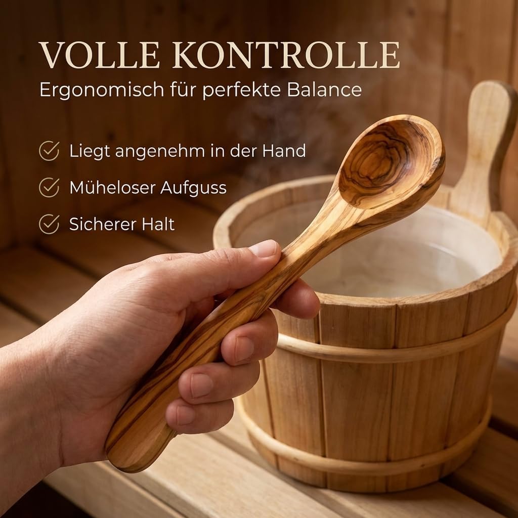 Saunakelle aus Olivenholz mit Gravur - Personalisierbare Aufgusskelle langlebig & hitzebeständig - S