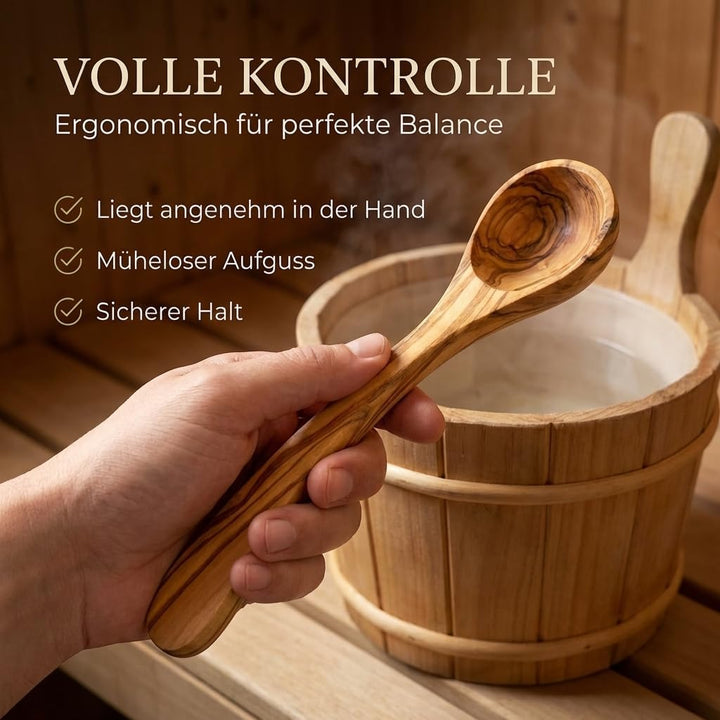 Saunakelle aus Olivenholz mit Gravur - Personalisierbare Aufgusskelle langlebig & hitzebeständig - S