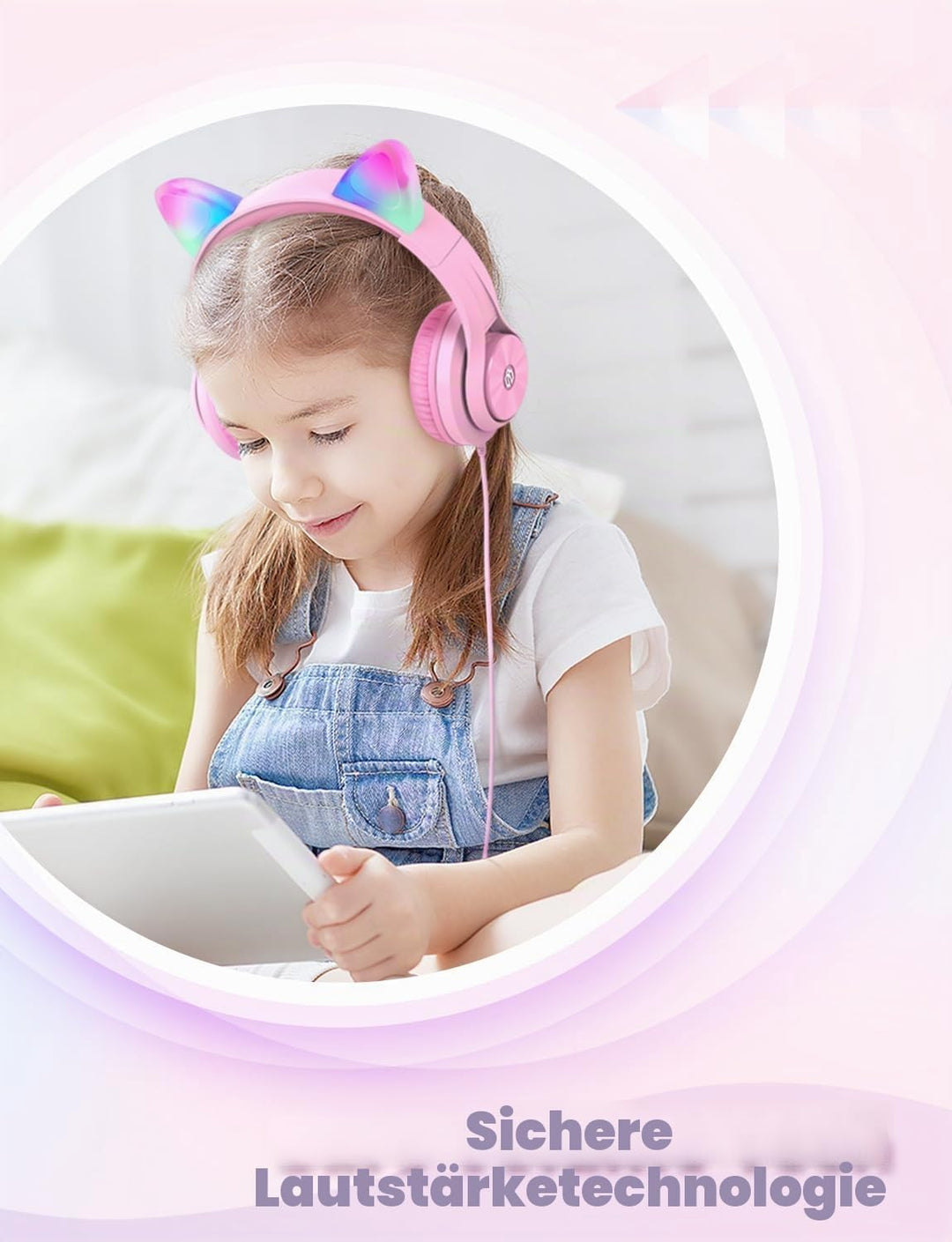 iClever Kinder Kopfhörer, Katzenohr-LED-Leuchte Over-Ear mit 85dBA Lautstärkebegrenzung Faltbare HD