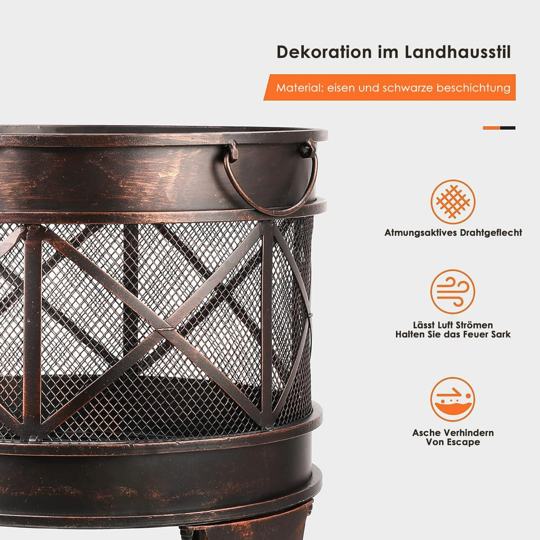 TLSUNNY Feuerschale 58 x 45 x 42 cm,Feuerkorb, Kamin mit Feuerschale Rund in Antik-Rost-Optik, Griff