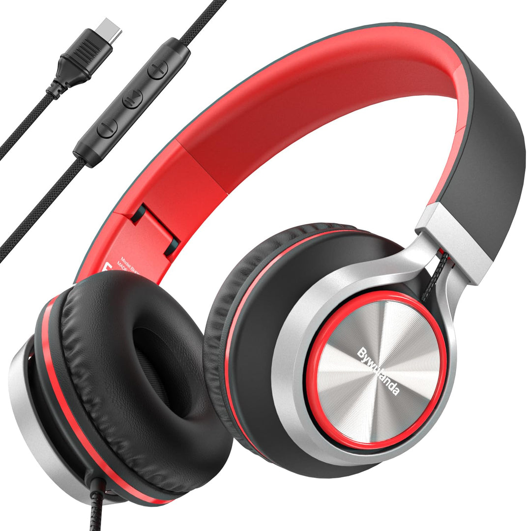 USB-C Kopfhörer mit Mikrofon und Lautstärkeregler, Over Ear Stereo Headsets für iPhone 15, 16 Pro, k