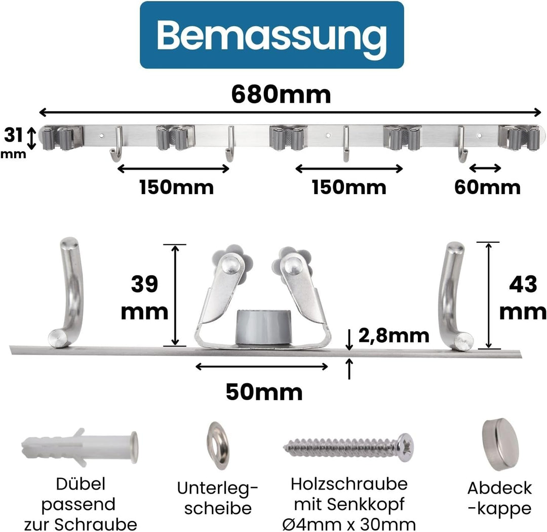 Stahlia Besenhalterung Wand Edelstahl Gerätehalter 4 Haken + 5 Halter gebürstet schraubbar & selbstk