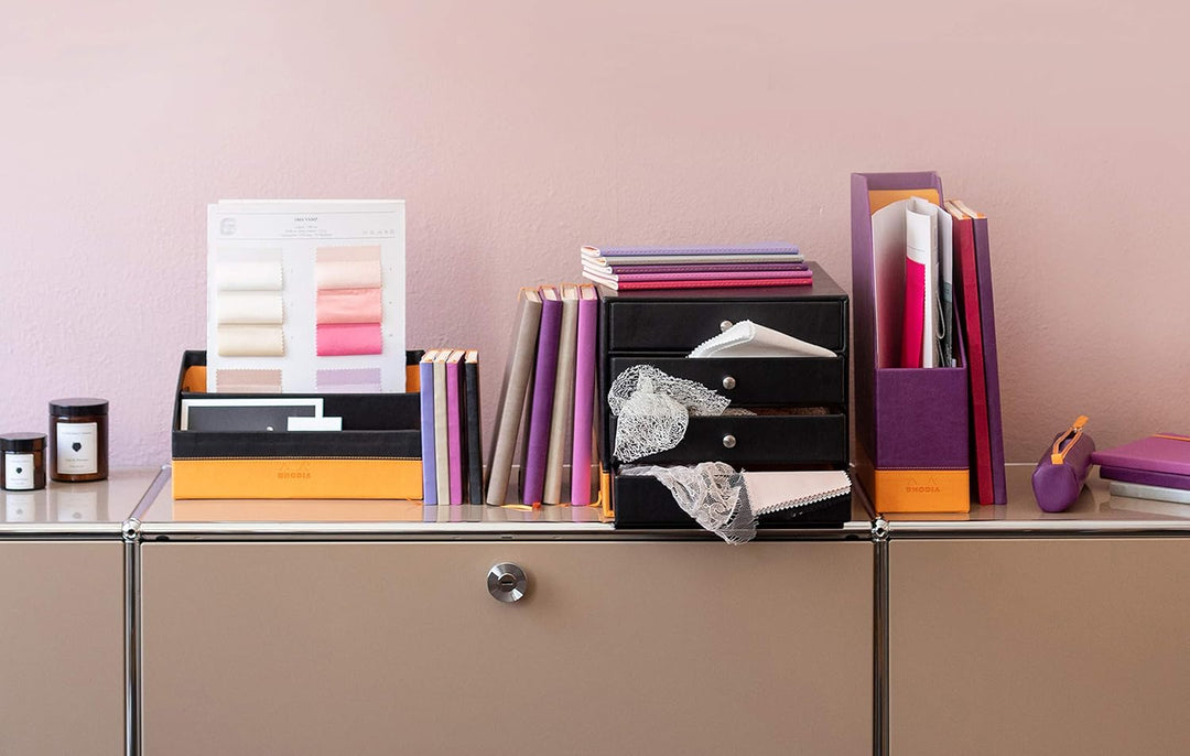Rhodia 318864C Schubladenbox (mit 4 Schubladen, Griffe aus Metall, Kunstleder, elegant und praktisch