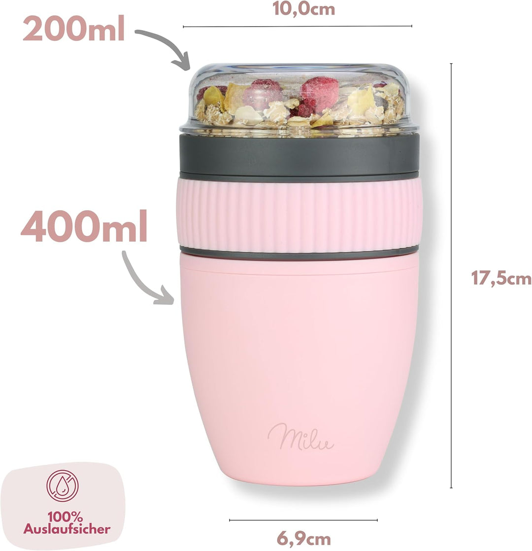 Milu Müslibecher to go 400ml MüsliMax Plastik Joghurtbecher für Müsli I auslaufsicherer Becher mit L