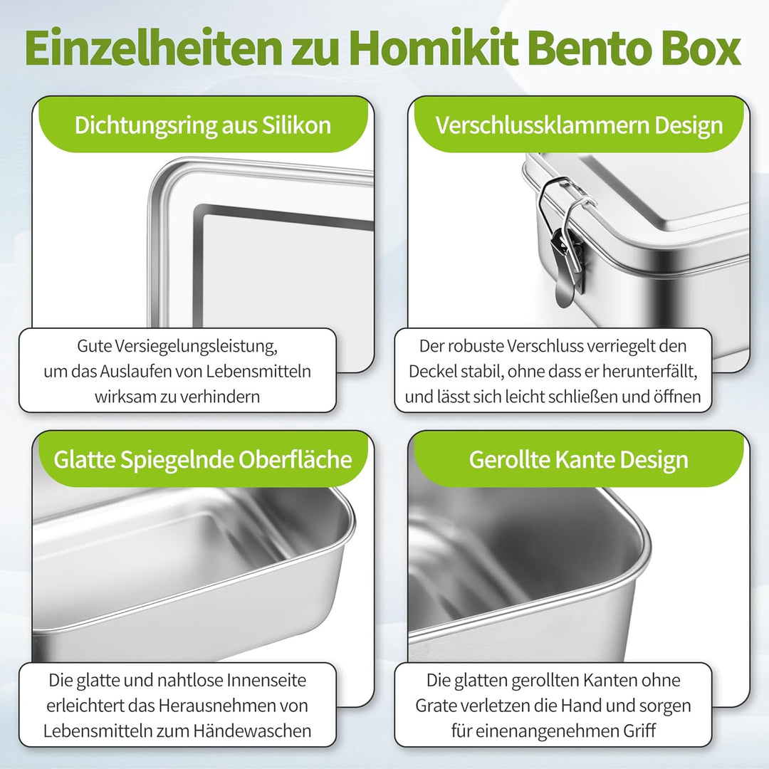 Homikit Edelstahl Brotdose mit 2 Fächern, 1400ml Bento Box mit Tasche für Kinder und Erwachsene, Aus