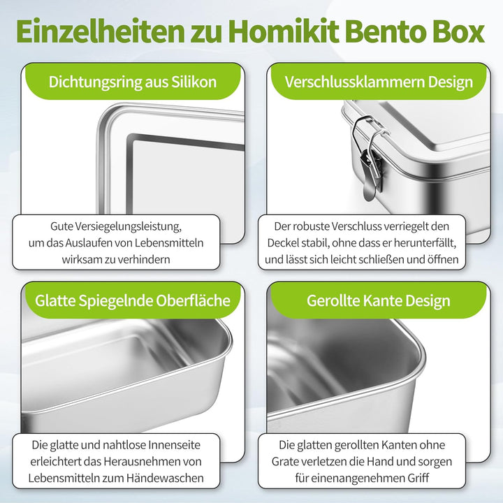 Homikit Edelstahl Brotdose mit 2 Fächern, 1400ml Bento Box mit Tasche für Kinder und Erwachsene, Aus