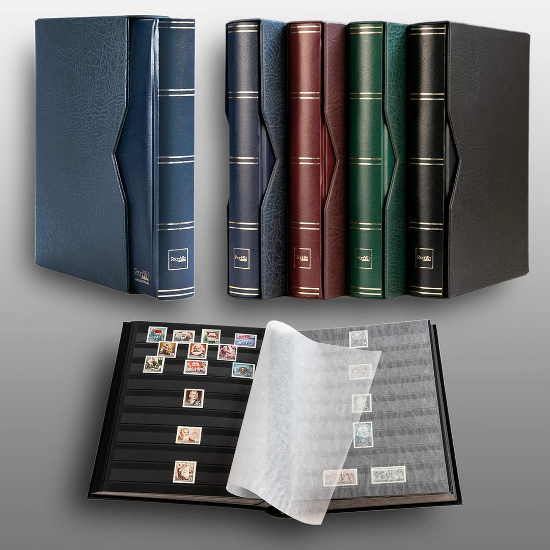 Prophila 60 Schwarze Seiten Briefmarkenalbum wattiert mit Kassette blau