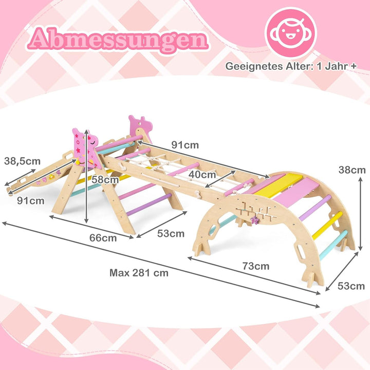 COSTWAY Klettergerüst Indoor 4er Set, klappabres Kletterdreieck mit Rutsche, Kletterbogen, Netz, ink