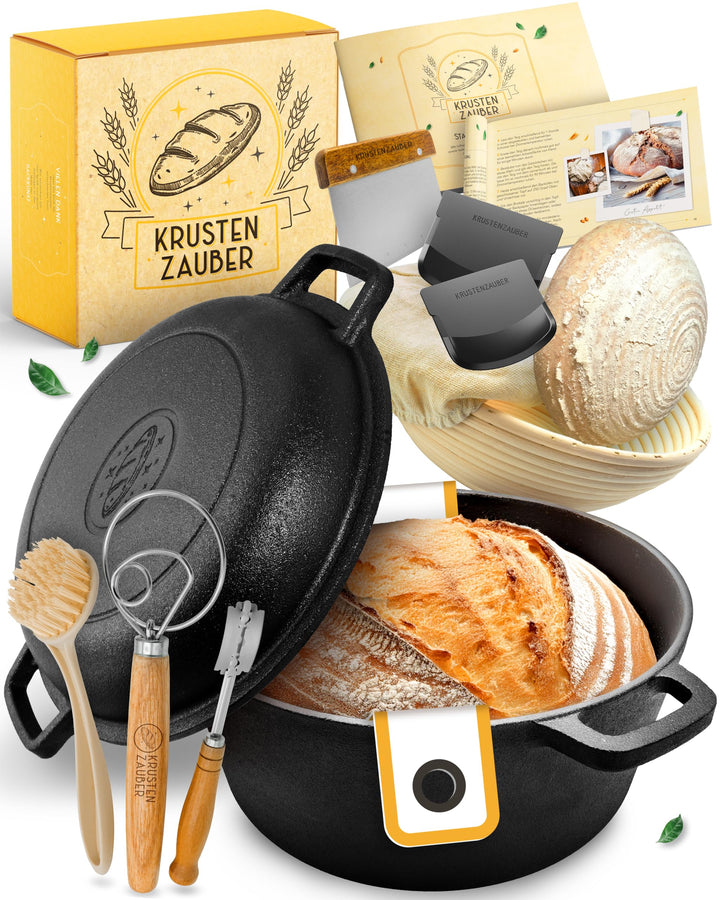 KRUSTENZAUBER Gusseisen Topf Brot Backen im XXL Set - Brotbackform mit Deckel inkl. Gärkorb, Schneeb