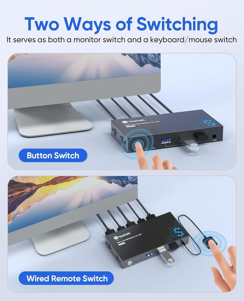 8K Displayport KVM Switch 2 PC 1 Monitore, Dual Computer 8K@60Hz KVM Switch Abwärtskompatibel mit 4K