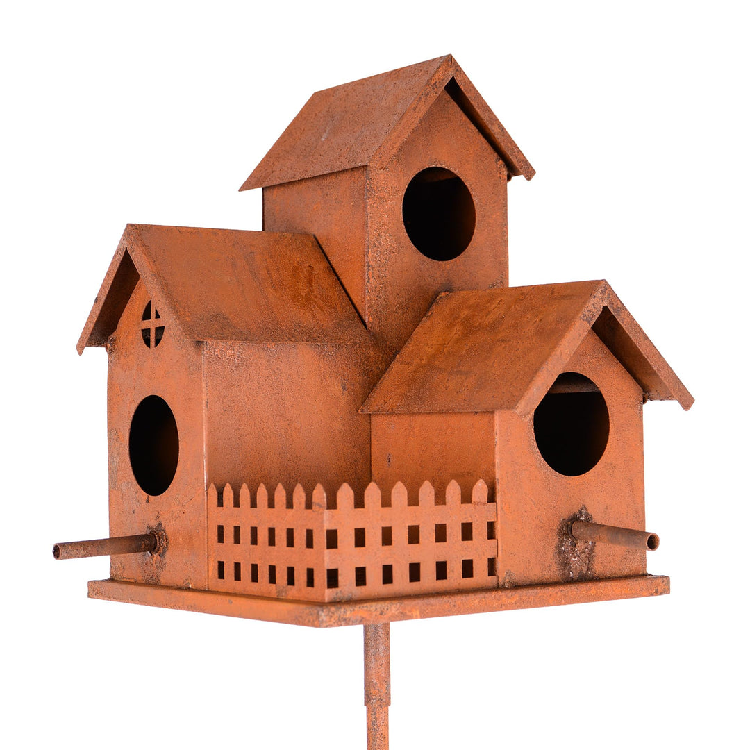 UNUS Vogelhaus aus Metall in Rostoptik mit Stab 132 cm dekoratives Vogelhäuschen für Garten und Terr