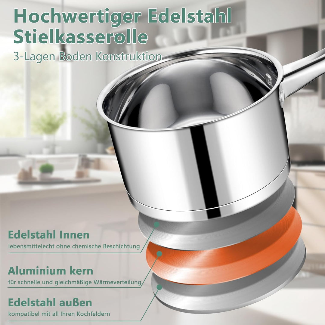 TEAMFAR Stielkasserolle 16cm, Edelstahl Milchtopf Kochtopf Induktion mit 3-Lagen Boden für alle Herd