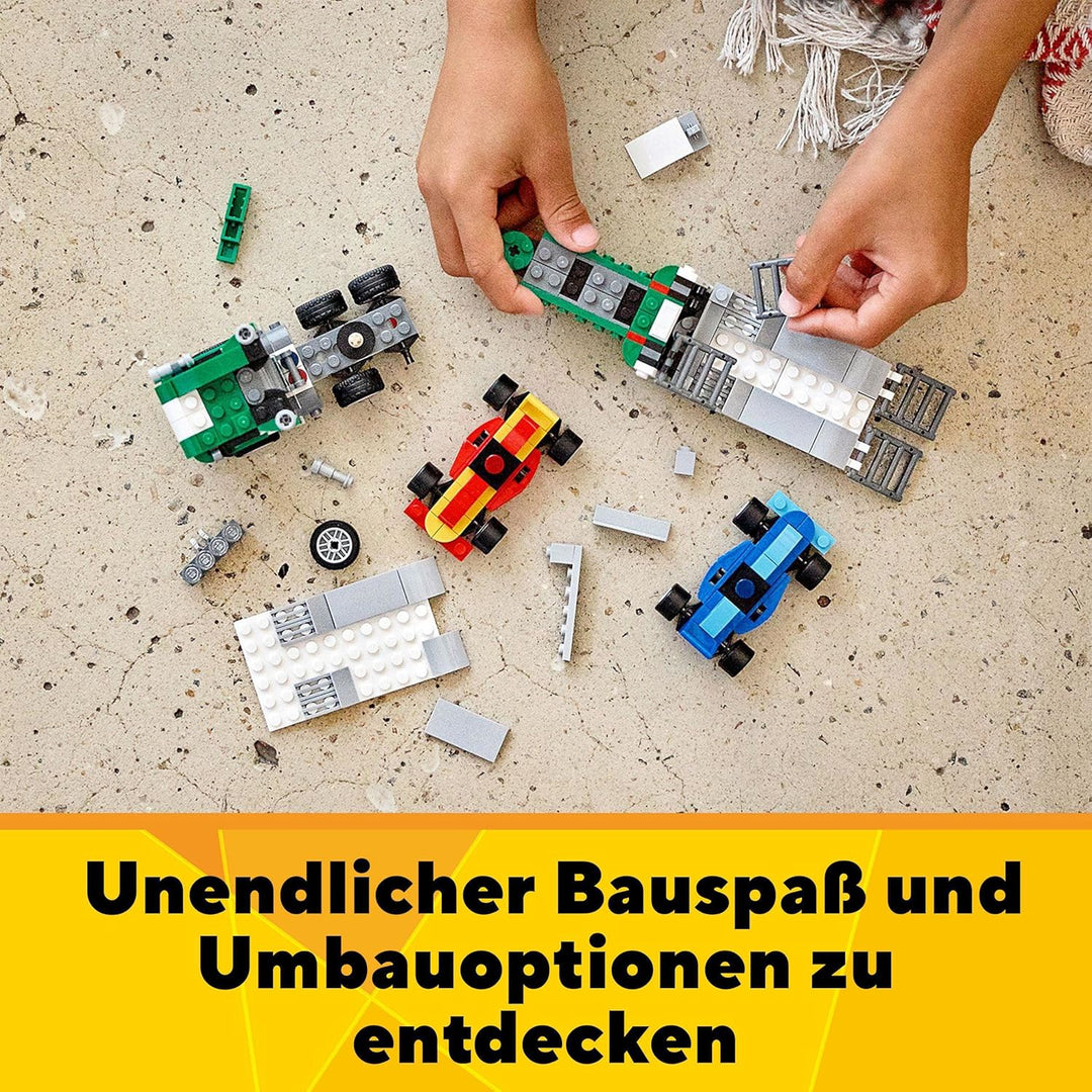 LEGO 31113 Creator 3-In-1 Rennwagentransporter Spielzeug LKW mit Anhänger, Kran und Boot, Rennwagen