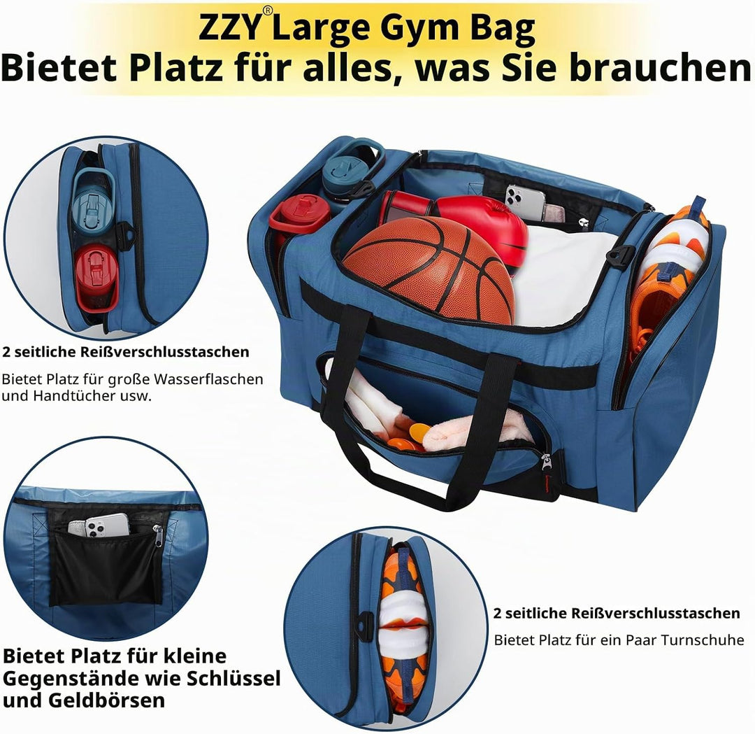 ZZY 55L Sporttasche Herren mit 2 Seitentaschen grosse Reisetasche für Fitness, Training und Reisen 5