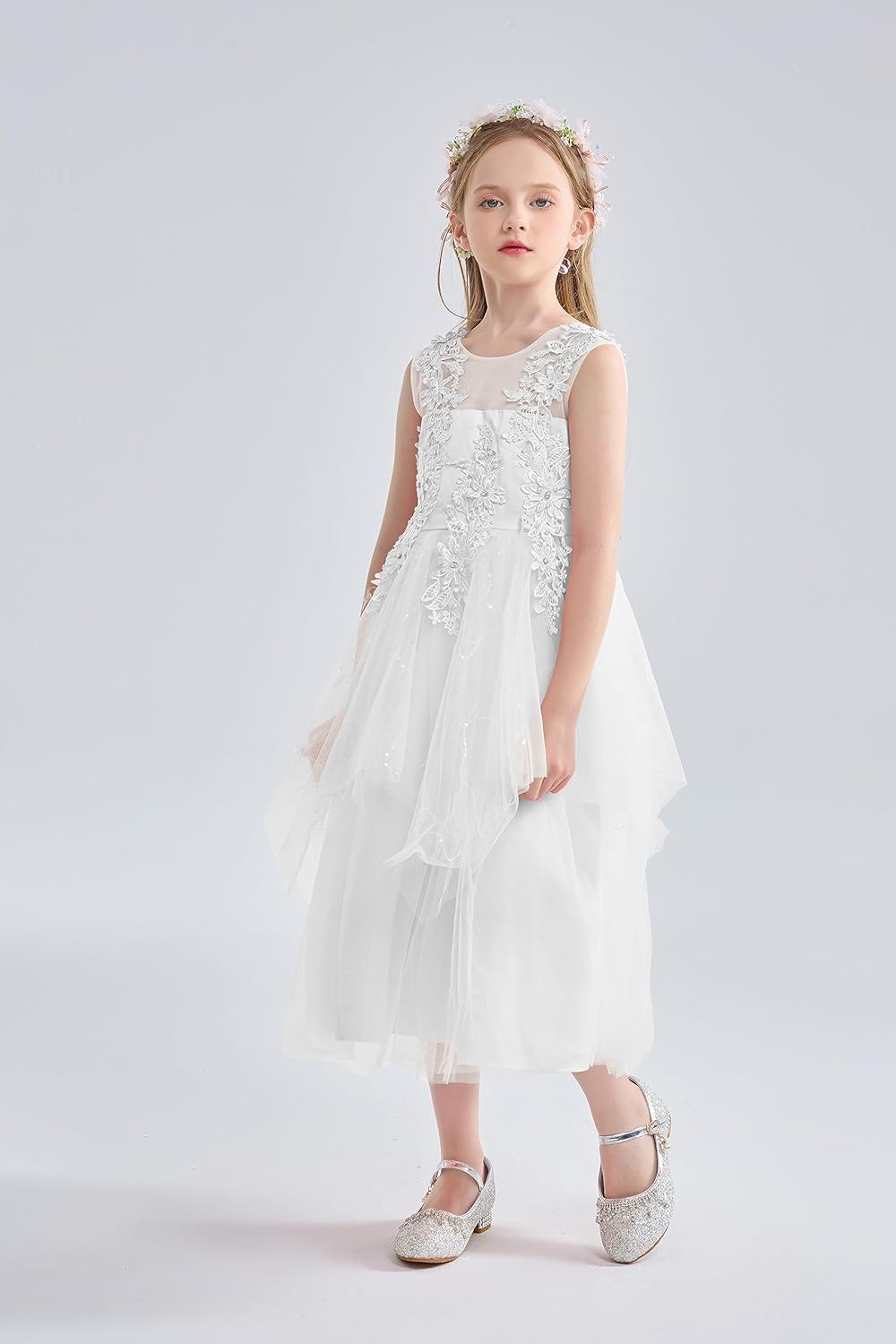LOLANTA Mädchen Prinzessin Kleid Weiss, Festlich Hochzeit Kommunion Blumensmädchenkleid, Festzug Par