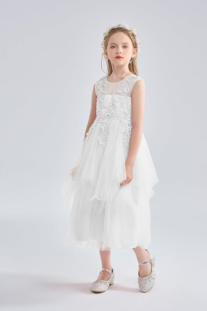 LOLANTA Mädchen Prinzessin Kleid Weiss, Festlich Hochzeit Kommunion Blumensmädchenkleid, Festzug Par