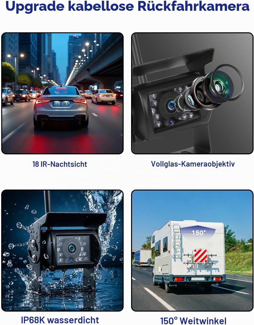 Rückfahrkamera Kabellos Set mit 7" HD Rear View Monitor, IP68 wasserdichte Auto Rückfahrkamera Funk,