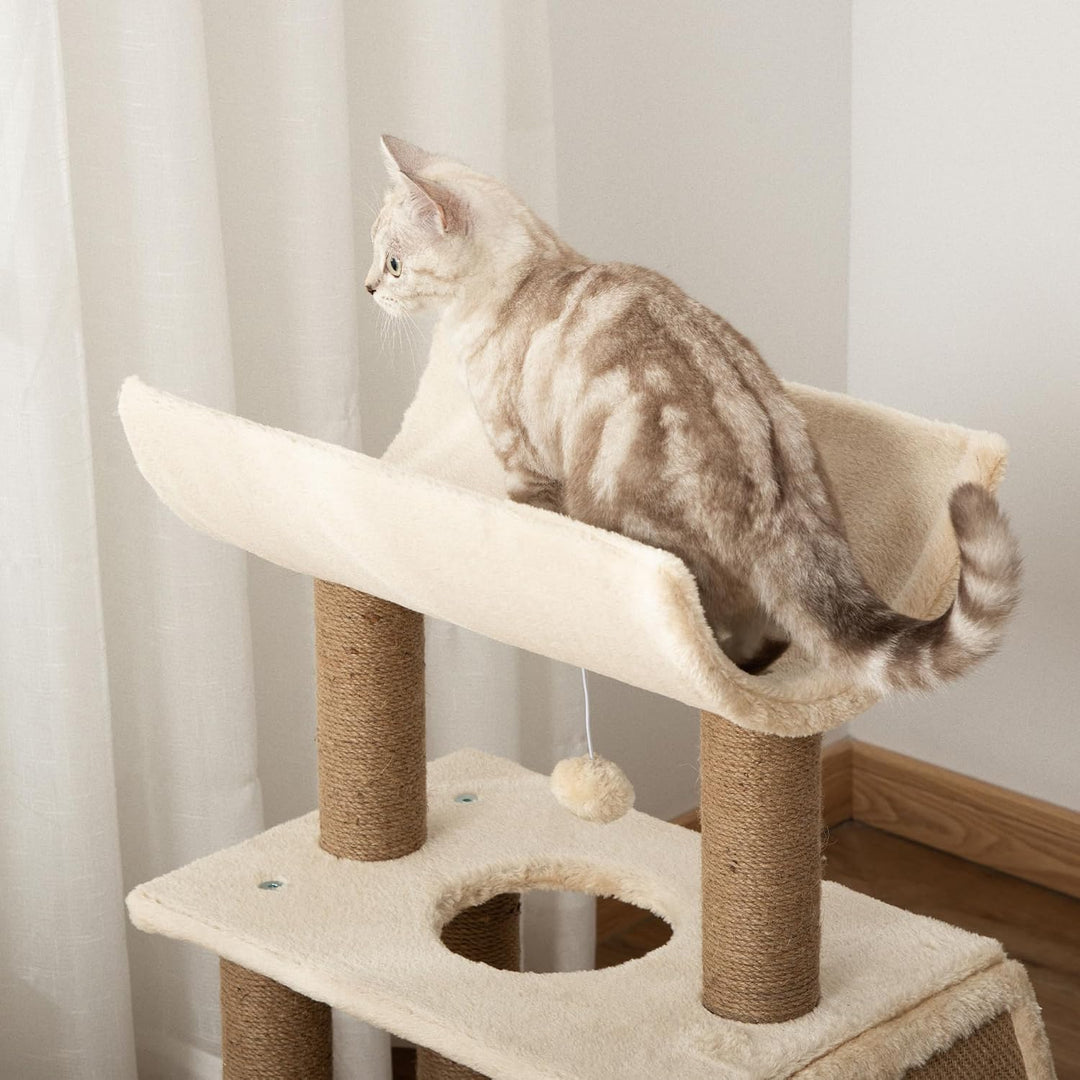 PawHut Kratzbaum mit 2 Spielball für Mittelgrosse Katzen 76 cm Hellbraun | Sisalstämme, Bett, Kratzb